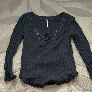 Free People Charcoal Lace-Up Long Sleeve Top
